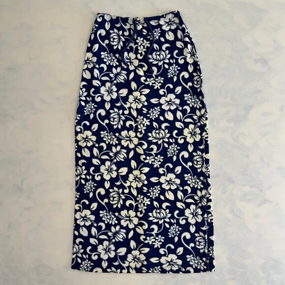 Charlotte Russe Vintage Blue & White Hawaiian Floral Drawstring Maxi Skirt - Picture 1 of 6